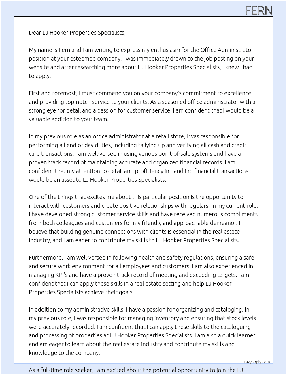 Office Administrator  At LJ Hooker Properties Specialists  Cover Letter