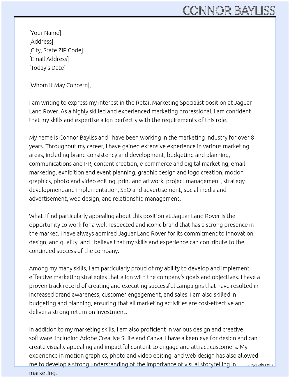Retail Marketing Specialist At Jaguar Land Rover Cover Letter