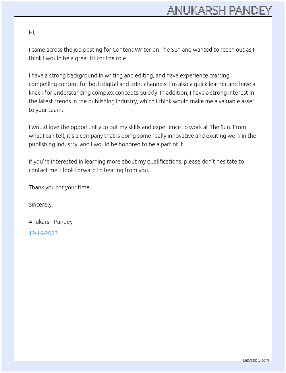 Content Writer At The Sun Cover Letter