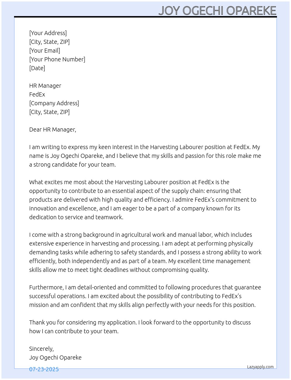 Cover letter for harvesting labourer - LazyApply