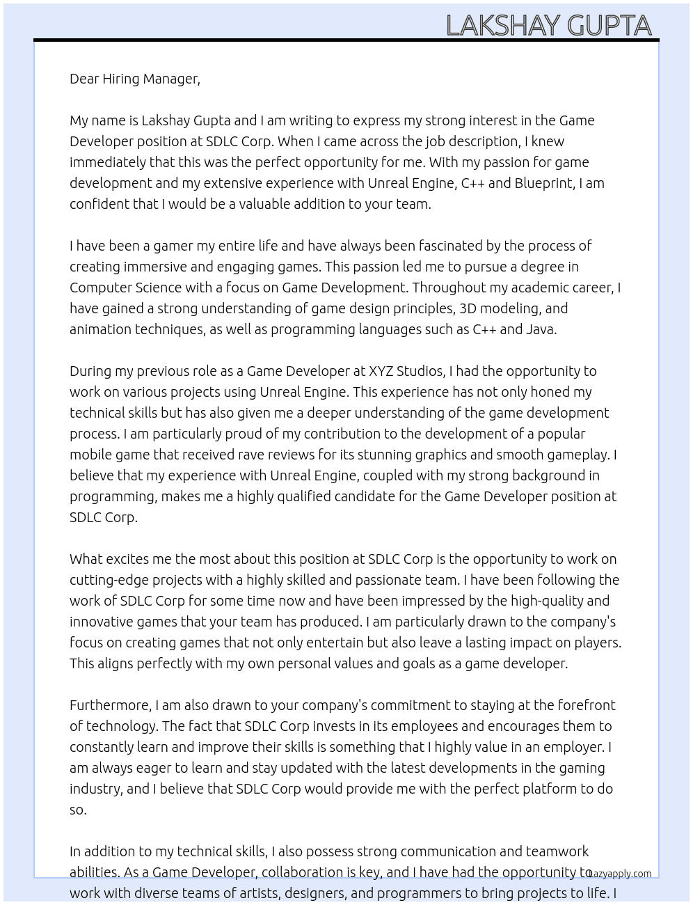 Game Developer  At Sdlc corp Cover Letter