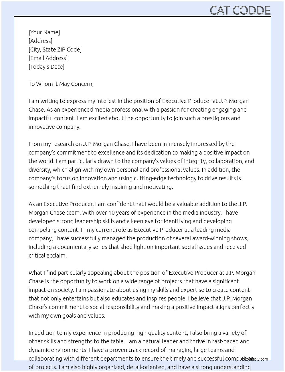 Executive Producer At J.P. Morgan Chase Cover Letter