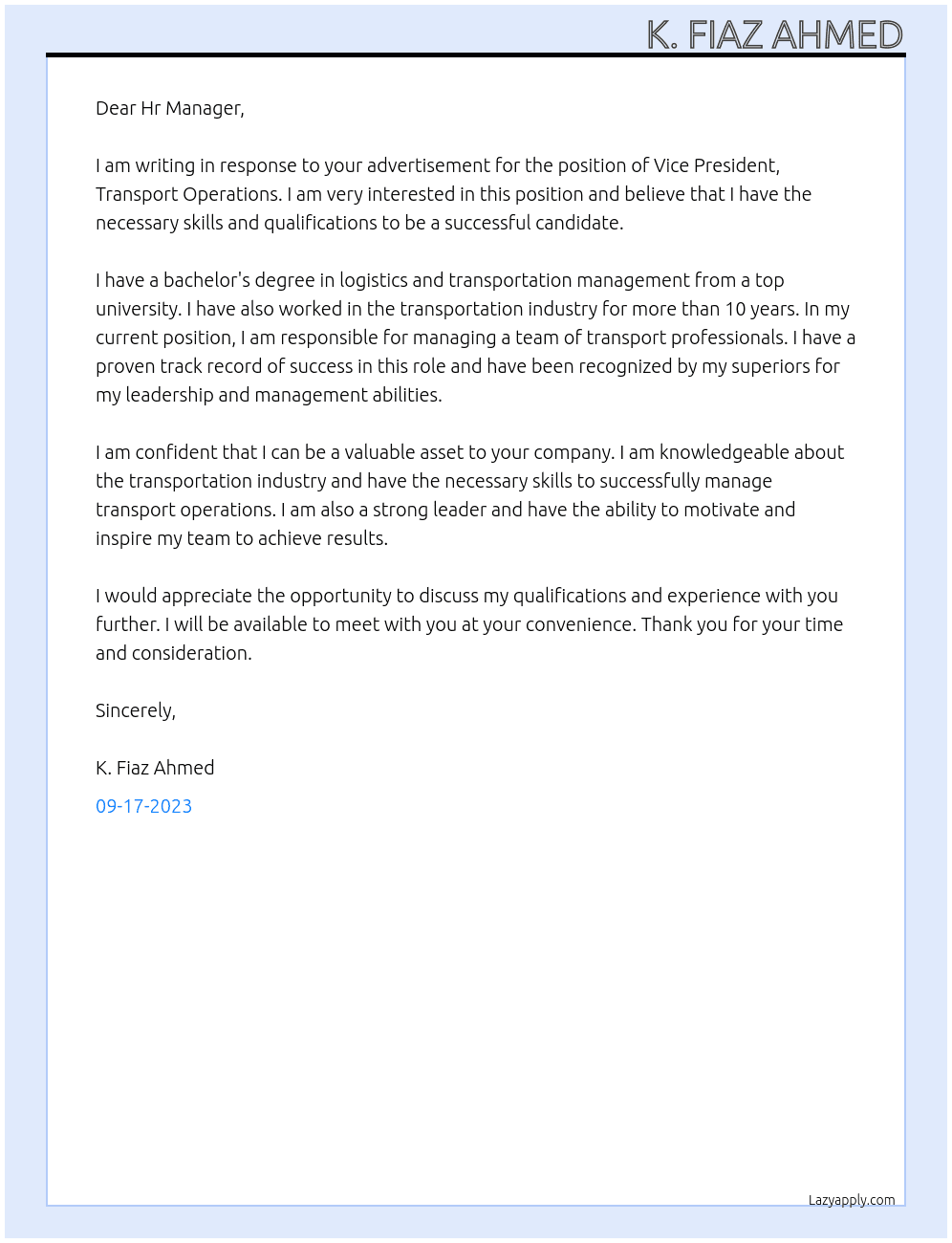 Vice President, Transport Operations At ANDY Cover Letter