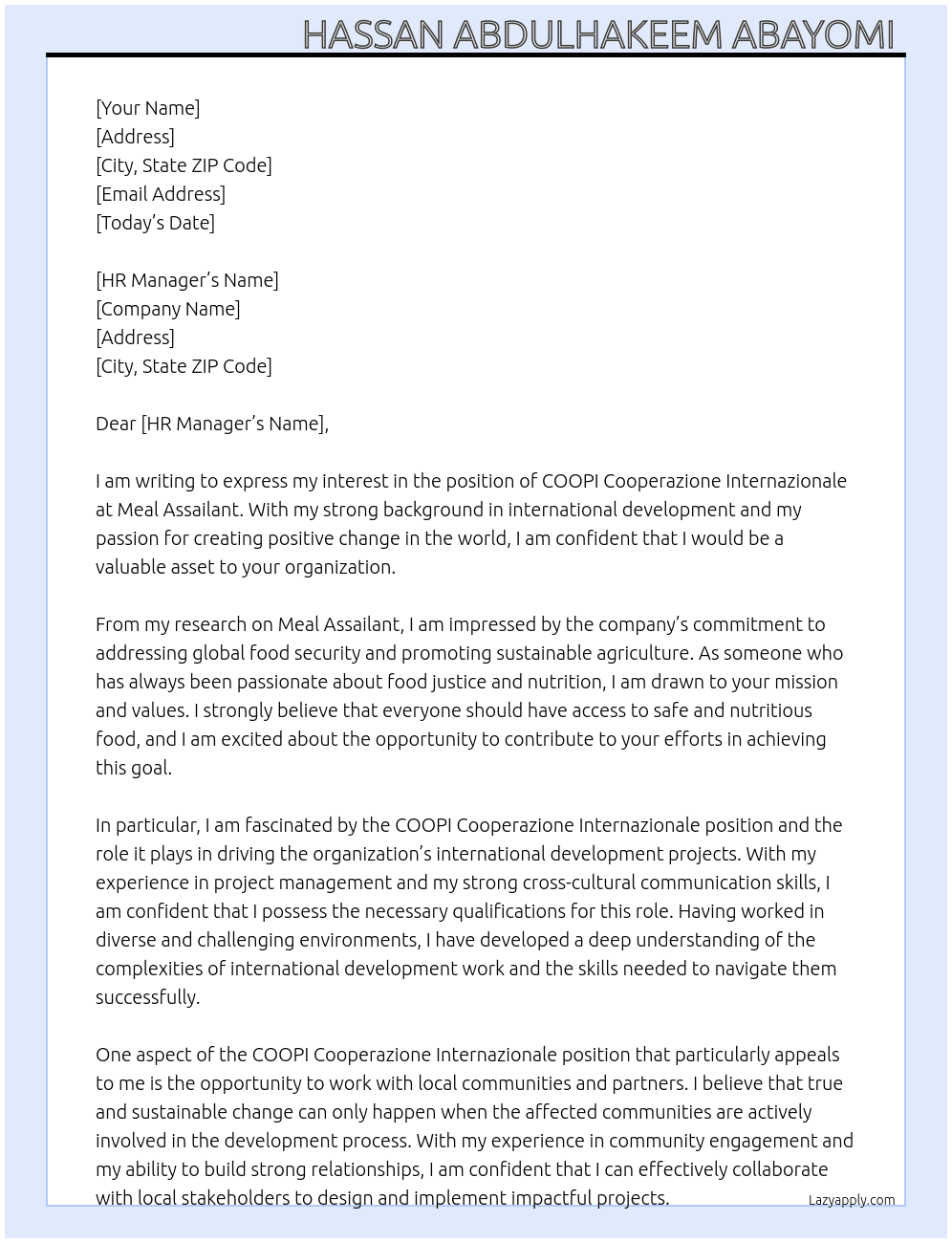COOPI cooperaziona internalzionale  At Meal assailant  Cover Letter