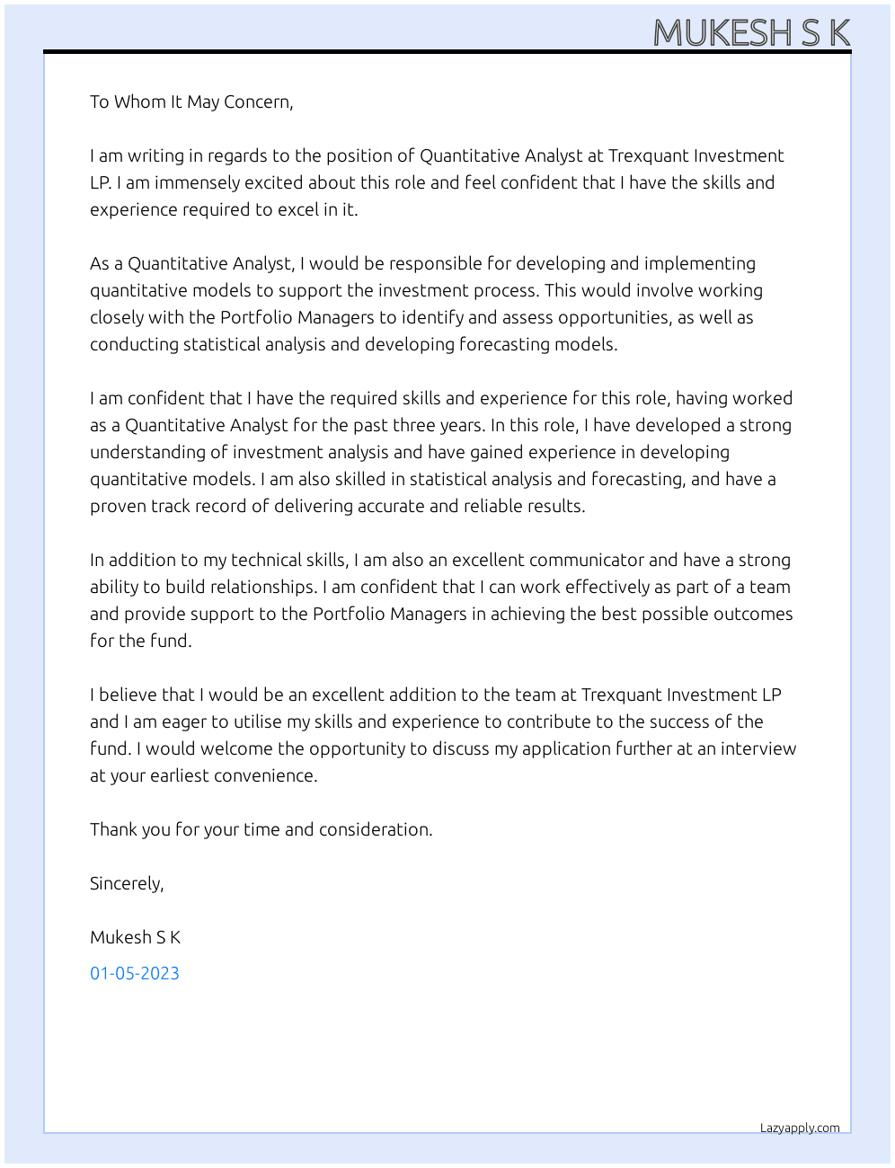 Quantitative Analyst At Trexquant Investment  LP Cover Letter
