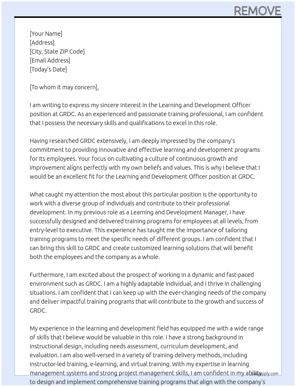 Learning and Development Officer At GRDC Cover Letter
