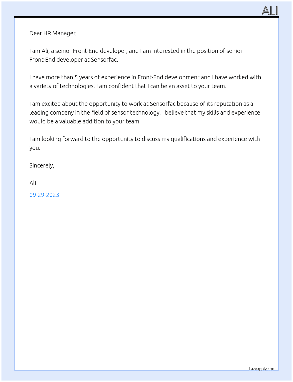 senior Front-End developer At Sensorfac Cover Letter