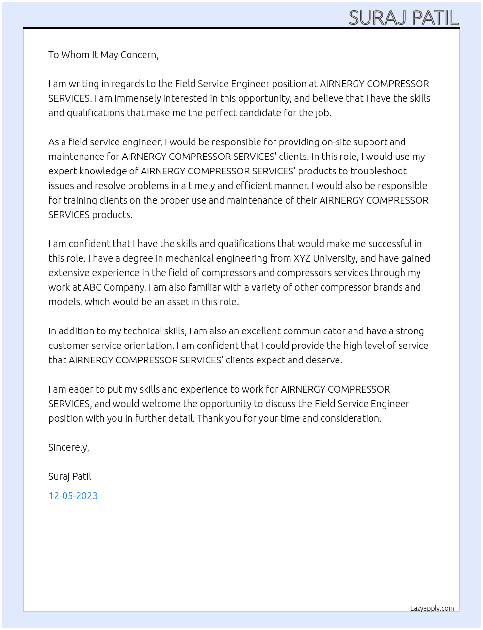 Field service engineer At AIRNERGY   COMPRESSOR  SERVICES Cover Letter