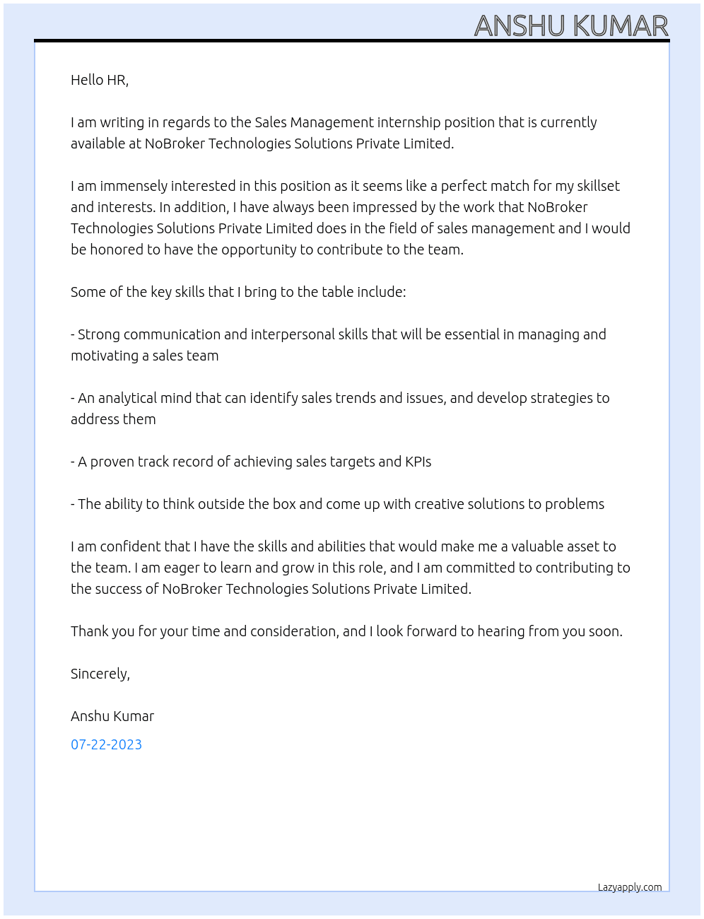 Sales Management internship At NoBroker Technologies Solutions Private Limited Cover Letter