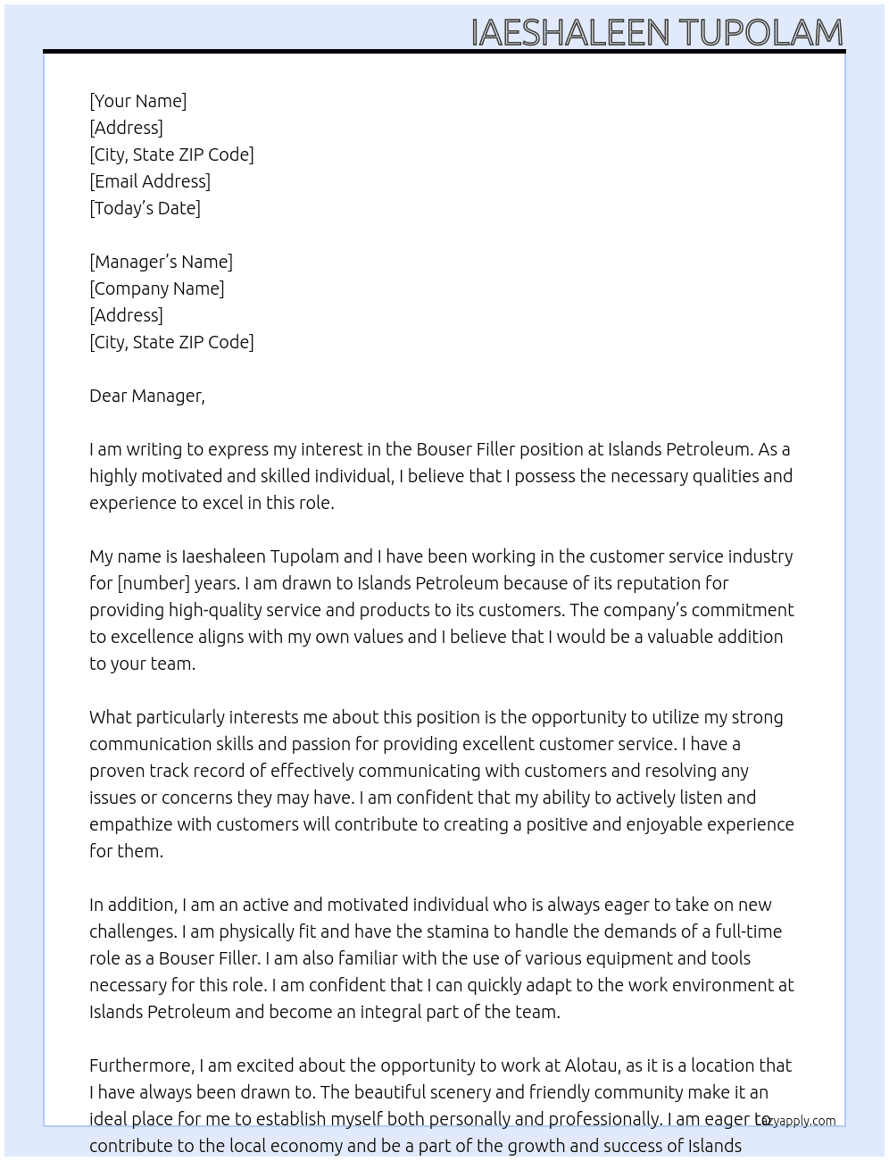 Cover letter for bouser filler - LazyApply