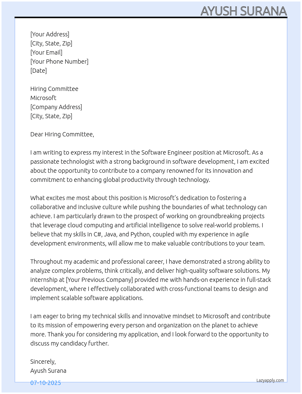 Software Engineer At Microsoft Cover Letter