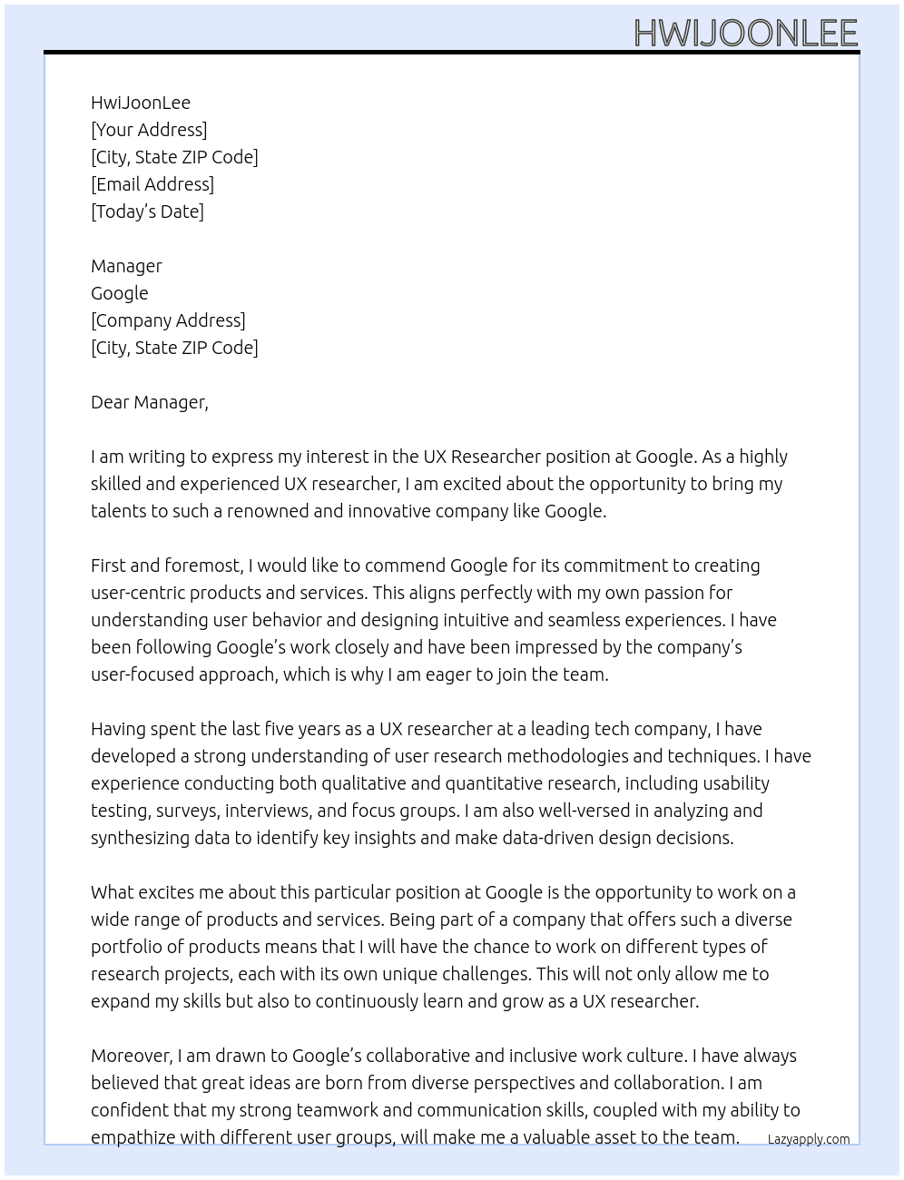 UX researcher At Google Cover Letter