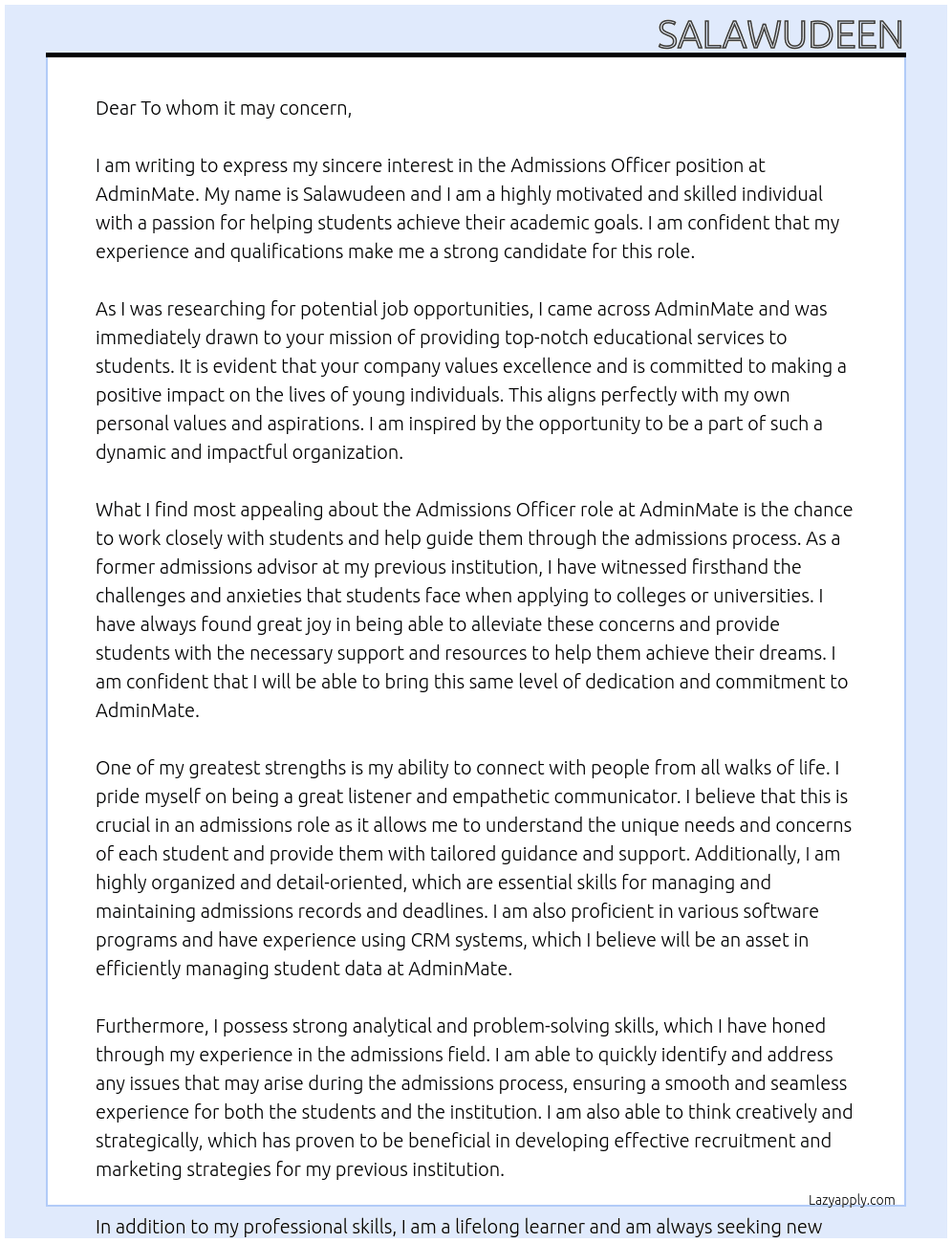 Admissions Officer At AdminMate Cover Letter