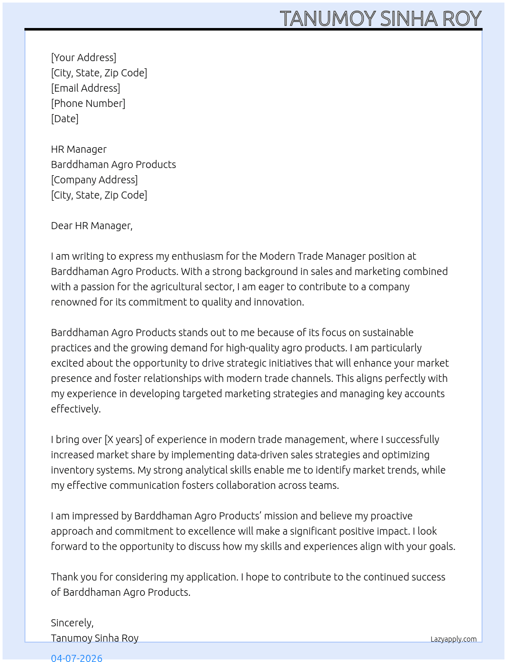 modern trade manager At BARDDHAMAN AGRO PRODUCTS Cover Letter