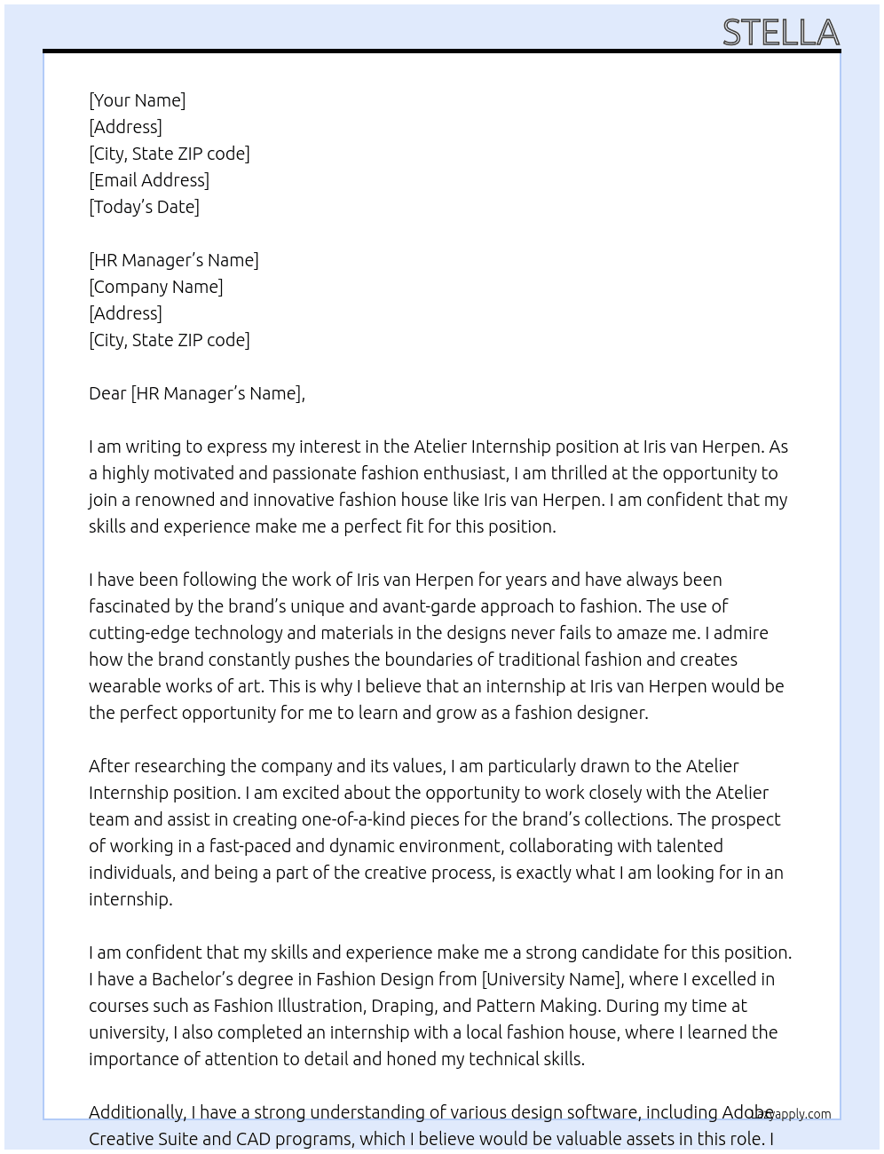 Atelier internship  At Iris van Herpen Cover Letter
