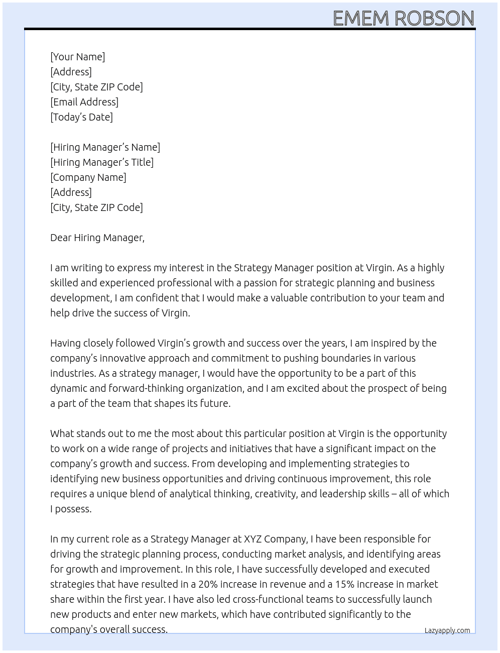 Strategy Manager At Virgin  Cover Letter