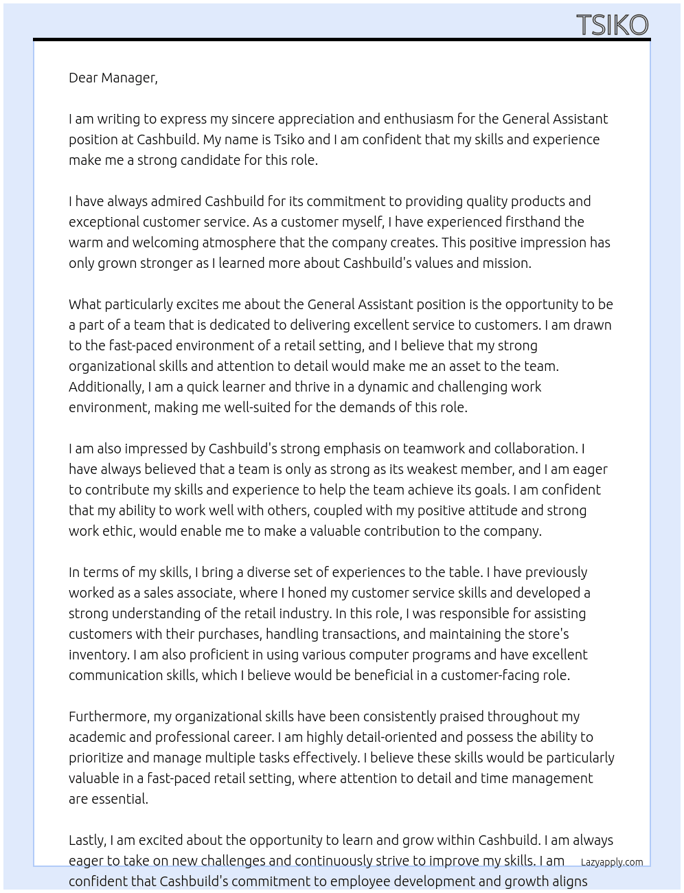 General assistant  At Cashbuild  Cover Letter