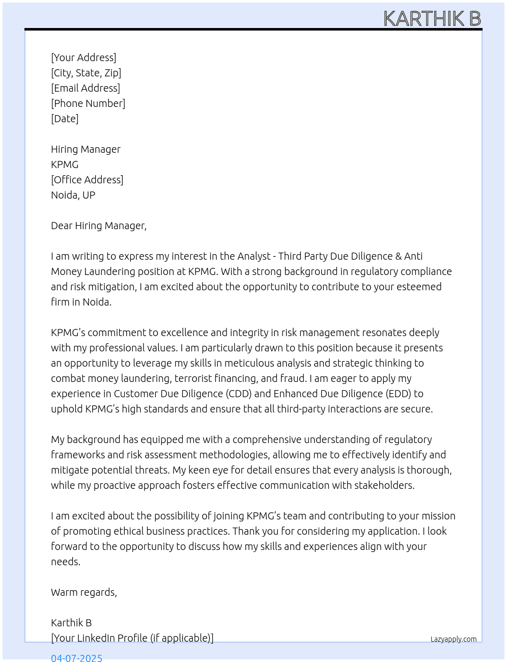 Cover letter for analyst - third party due diligence & anti money laundering - LazyApply