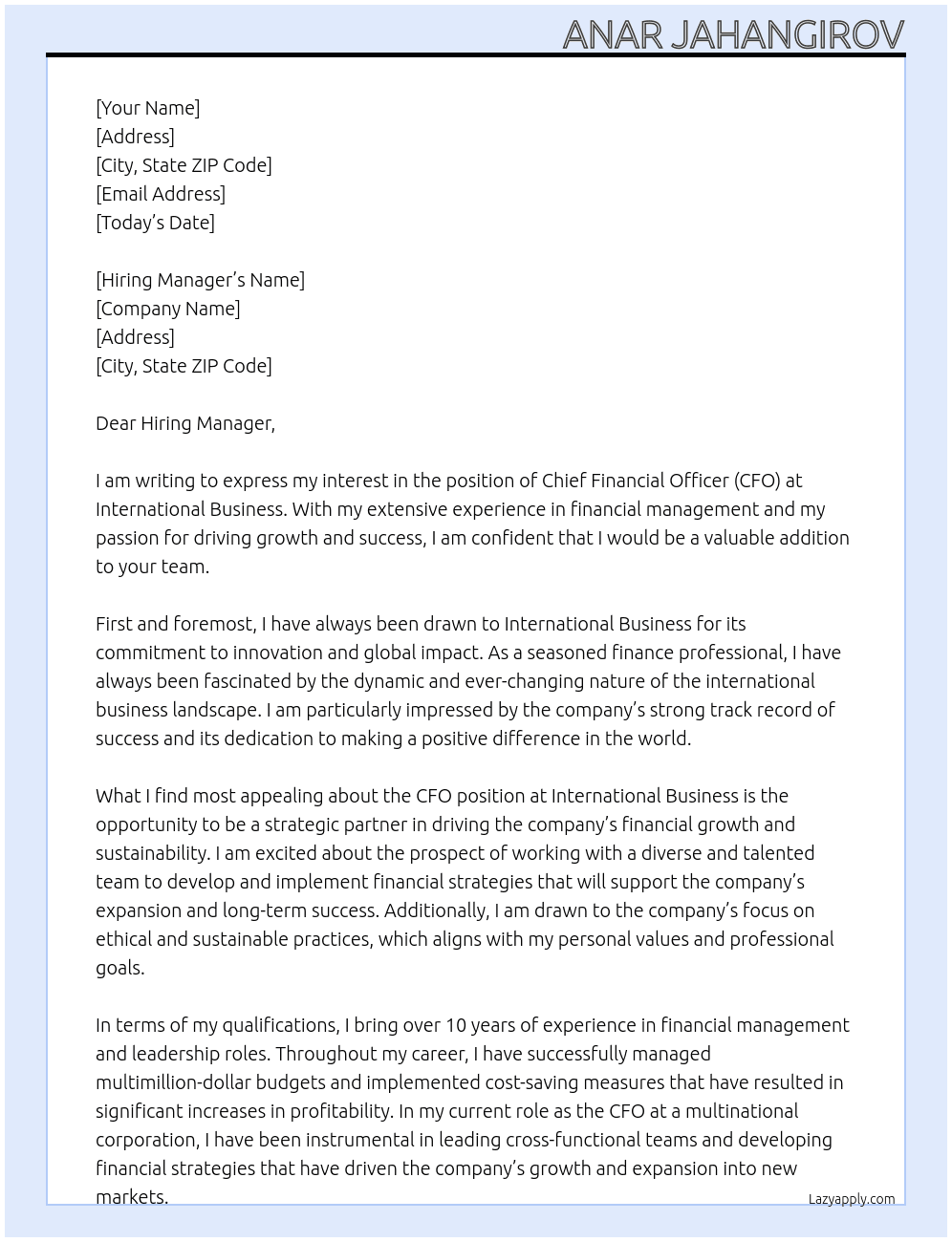 CFO At International Business Cover Letter