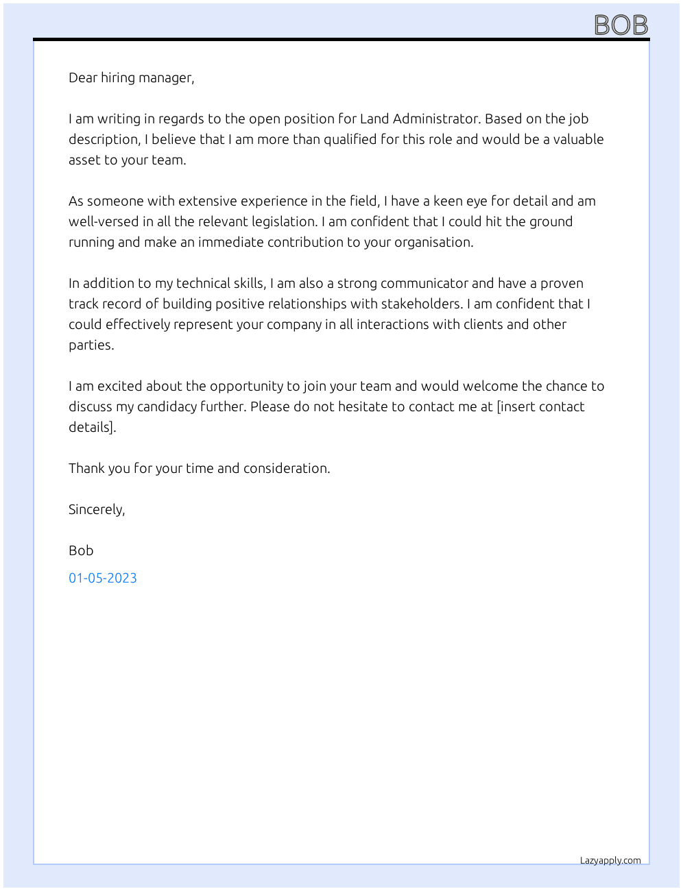 Land Administrator At Bob Cover Letter