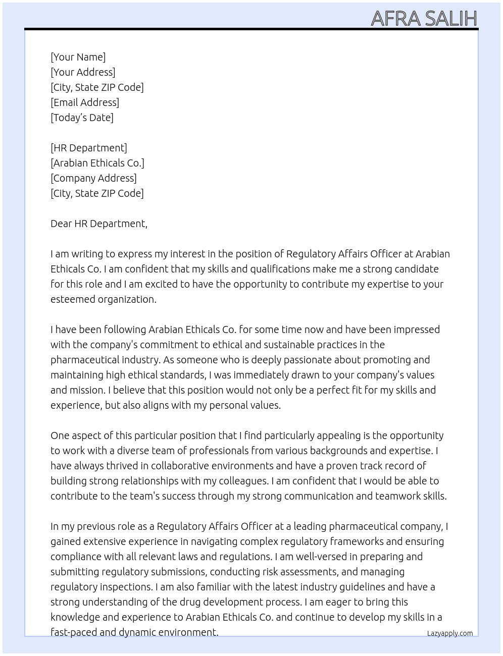 Regulatory Affairs Officer  At Arabian Ethicals Co.  Cover Letter
