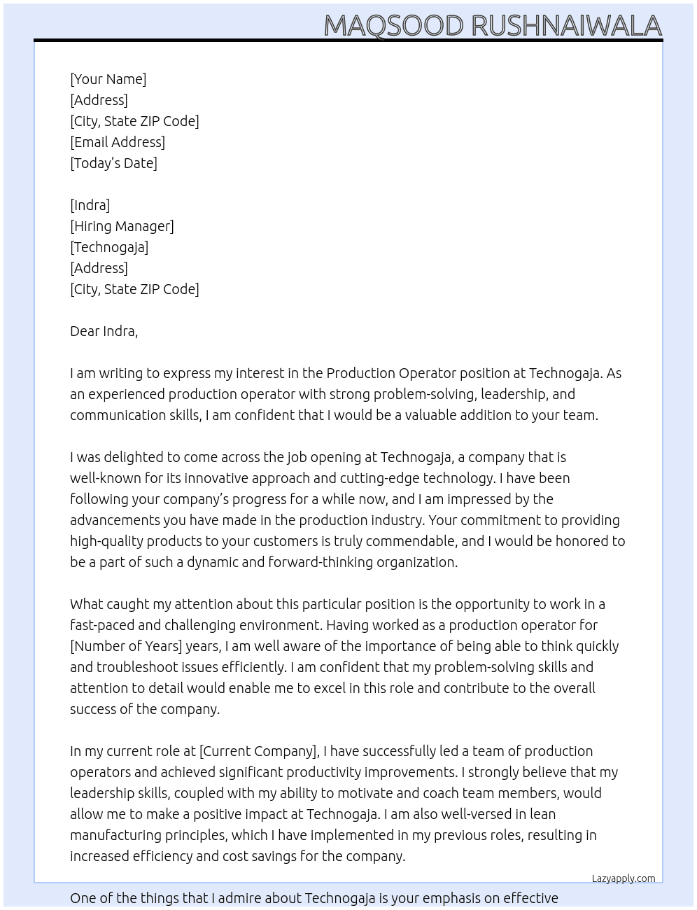 Production operator At Technogaja Cover Letter