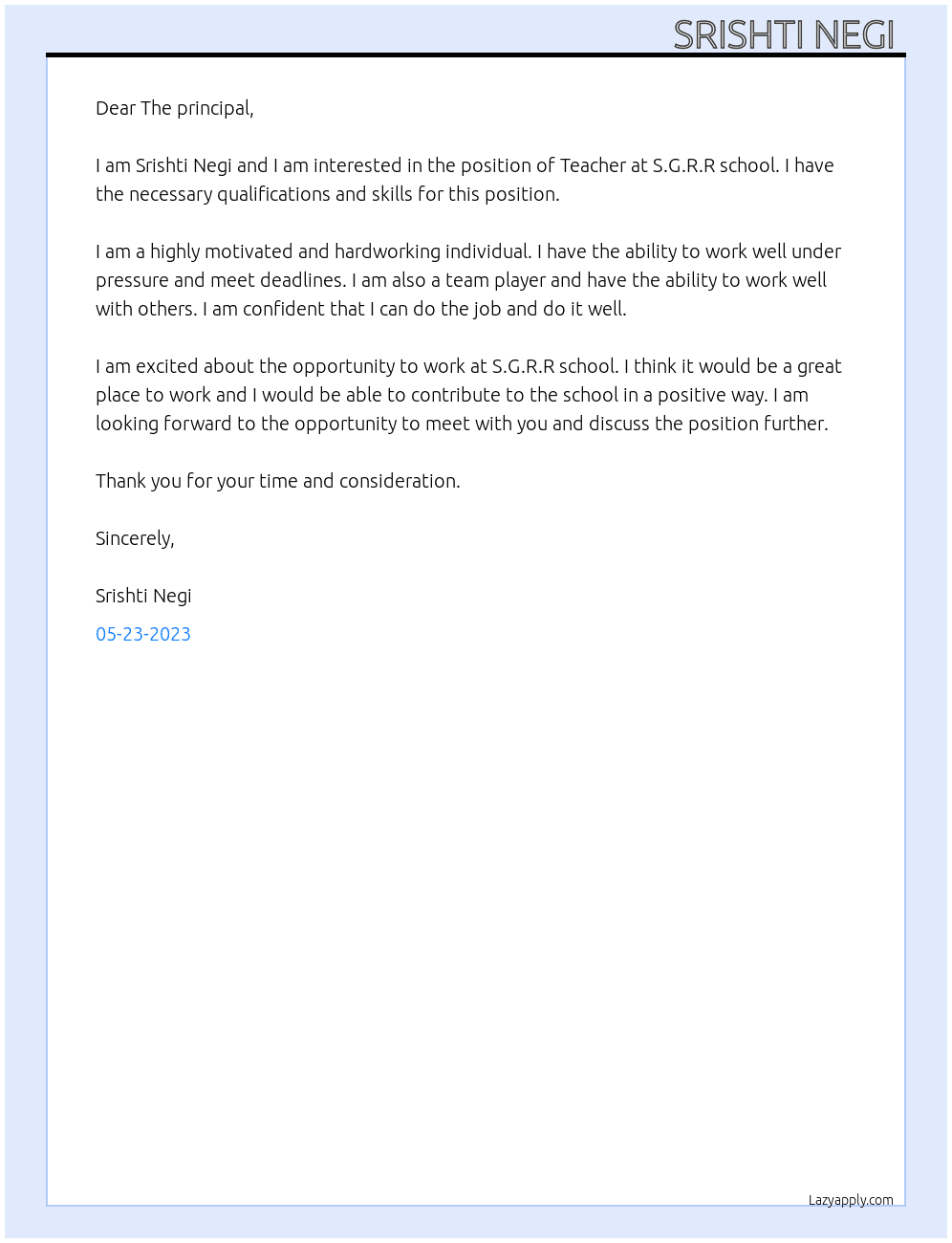 Teacher  At S.G.R.R school  Cover Letter