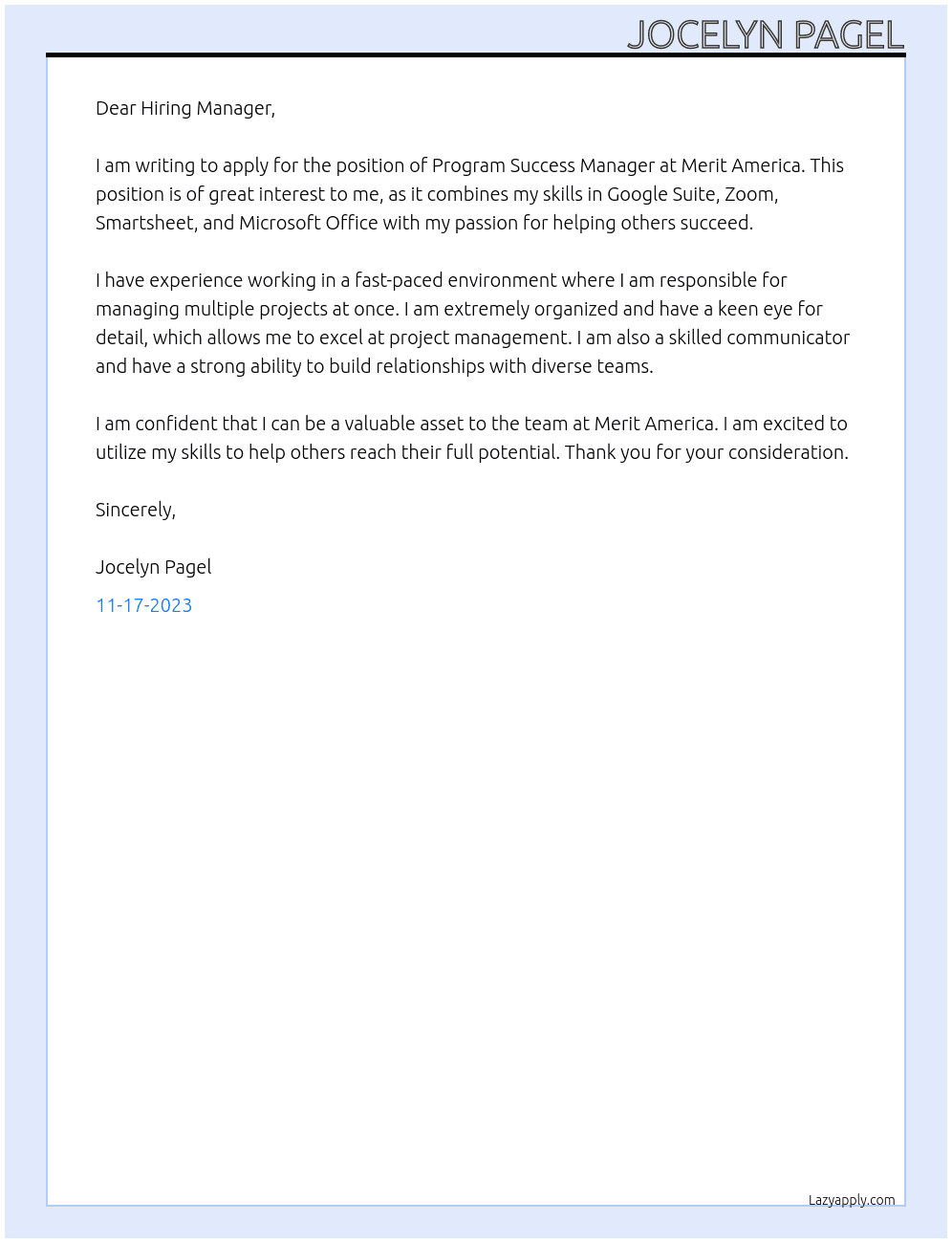Program Success Manager At Merit America Cover Letter