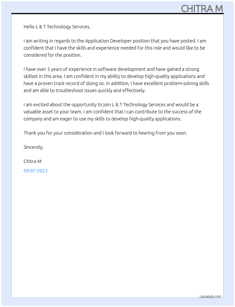 Application Developer At L & T Technology Services Cover Letter