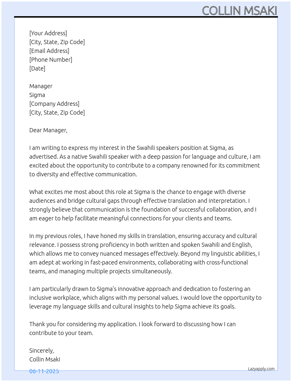 Swahili speakers  At Sigma  Cover Letter