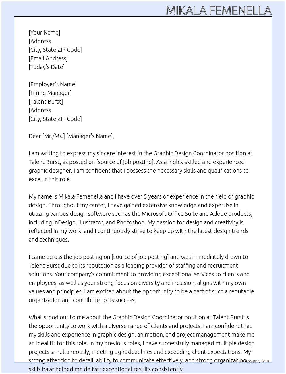 Graphic Design Coordinator At Talent Burst Cover Letter