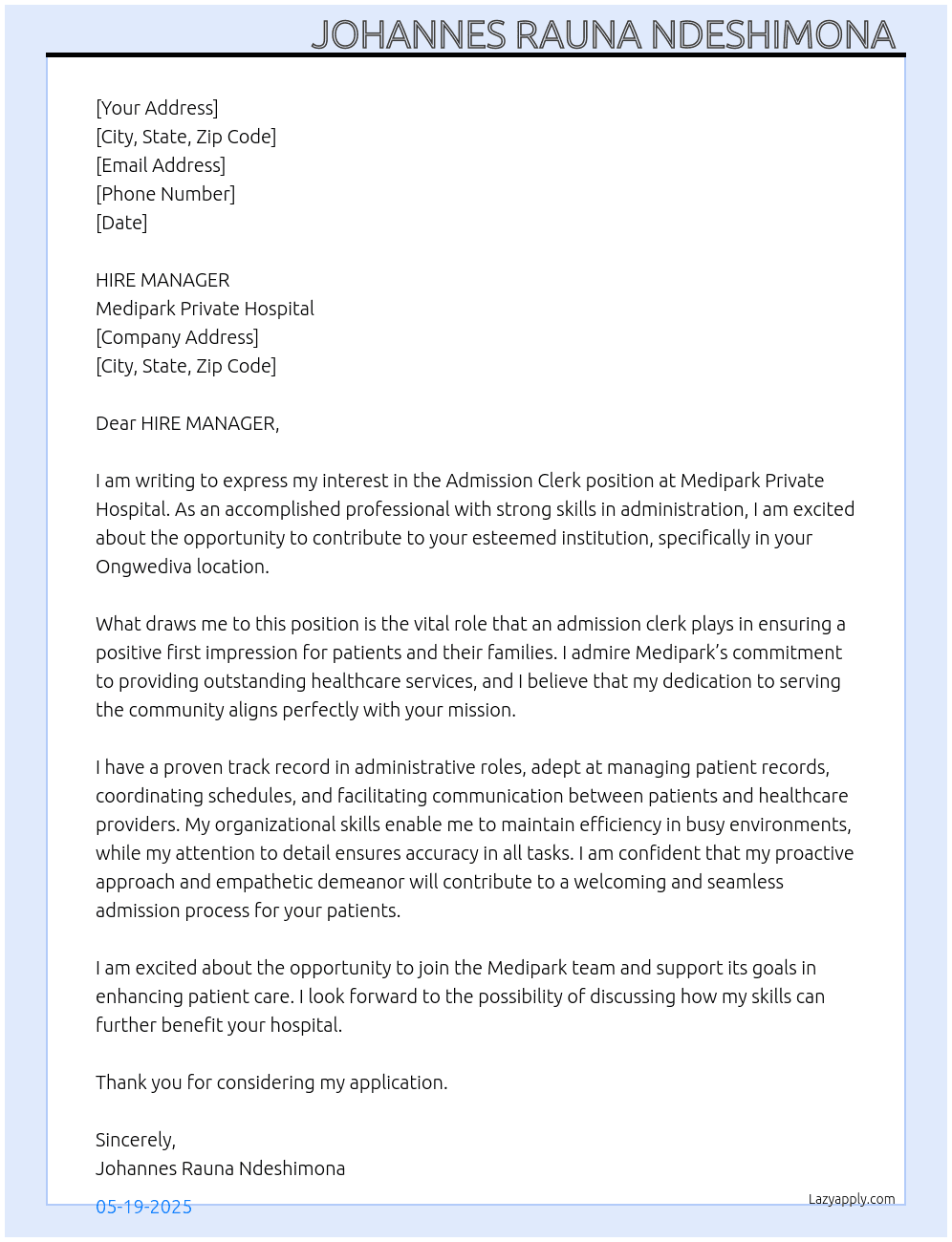 ADMISSION CLERK- HOSPITAL RECEPTION At MEDIPARK PRIVATE HOSPITAL  Cover Letter