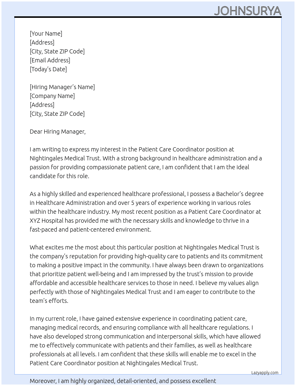 Patient care coordinator  At Nightingales medical trust  Cover Letter