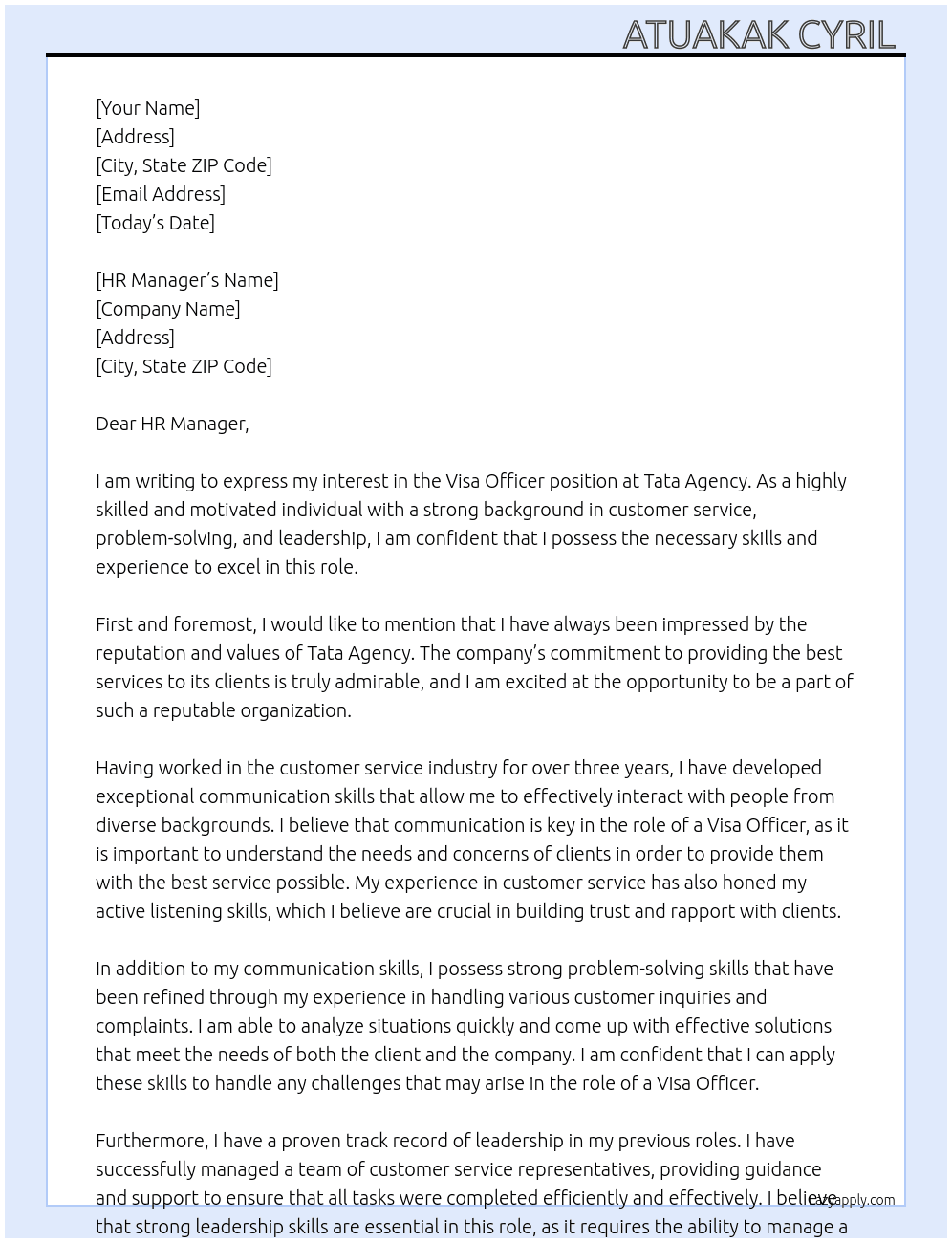 Visa Officer At Tata Agency Cover Letter