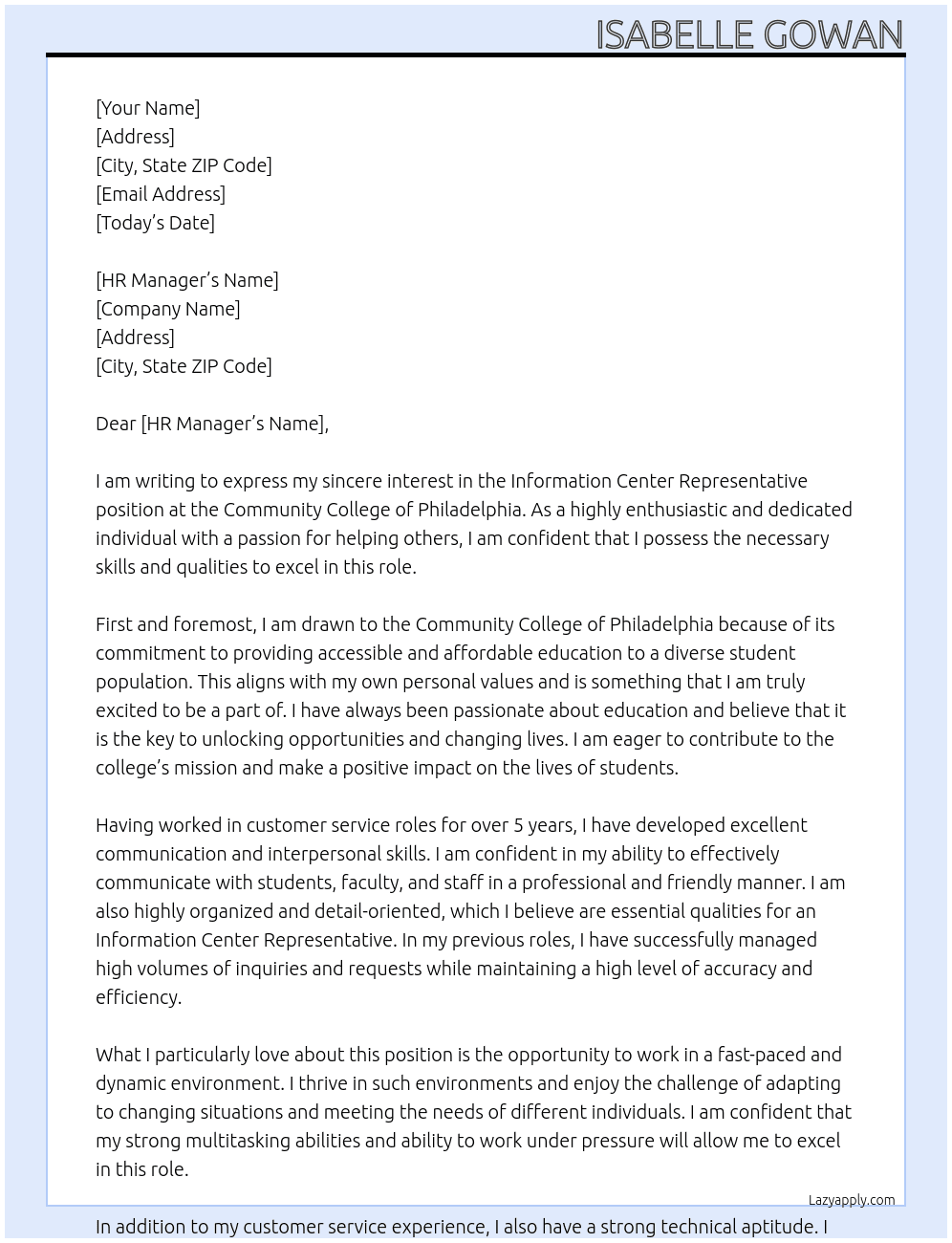 Information Center Representative  At Community College of Philadelphia Cover Letter