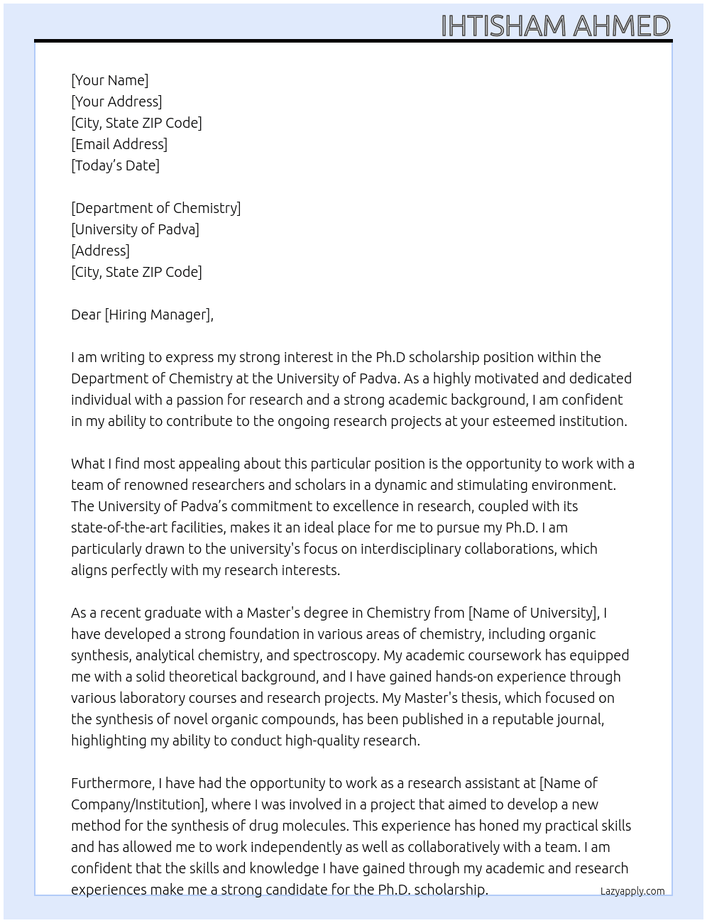 Ph.D scholarship At University of Padva Cover Letter