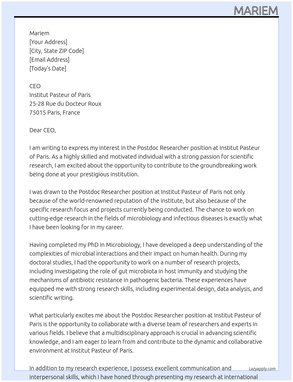 Postdoc researcher At Institut pasteur of paris Cover Letter