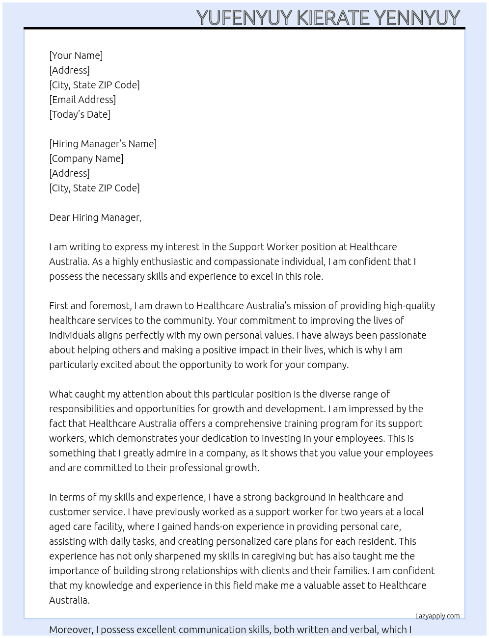 Support worker  At Healthcare Australia  Cover Letter