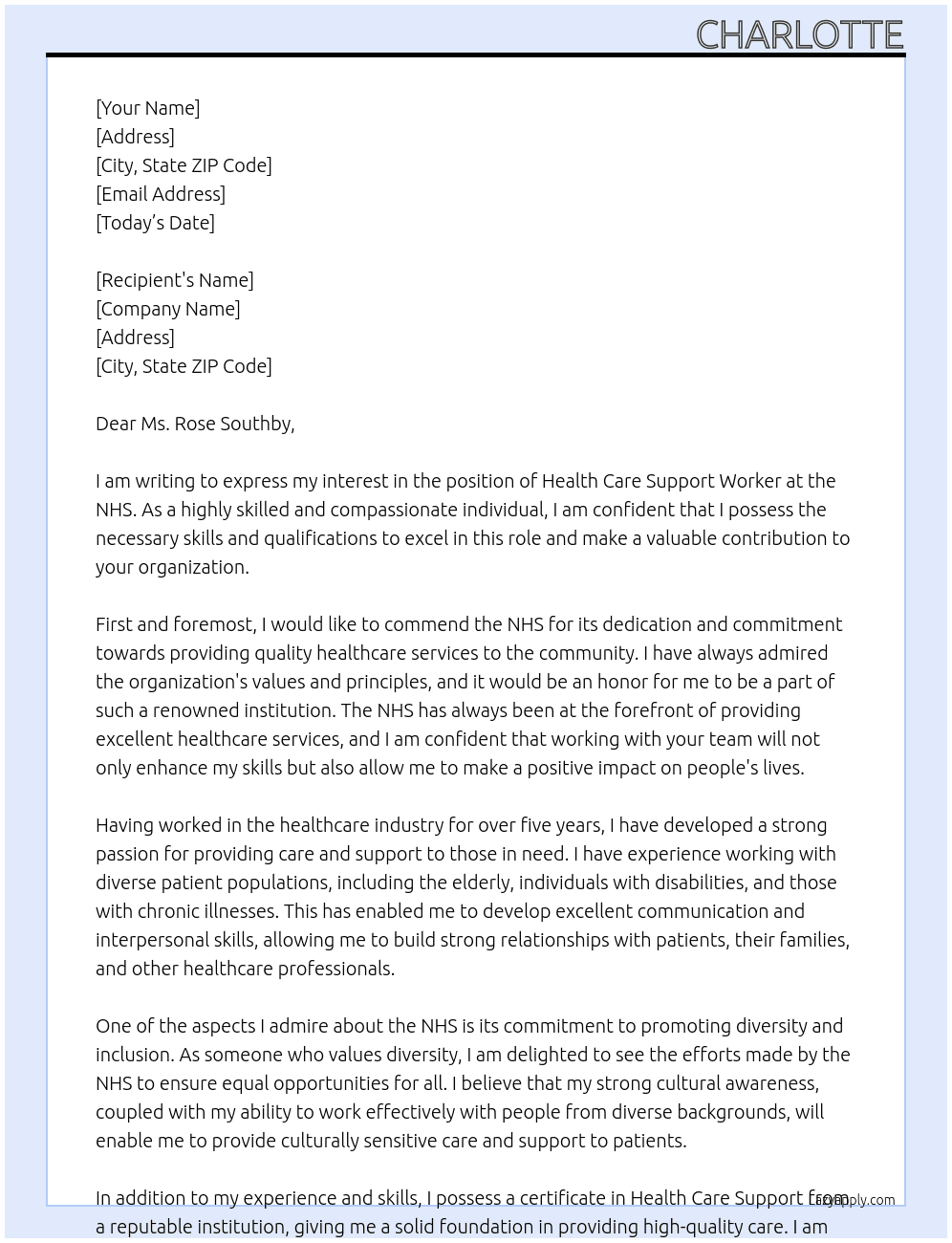 health care support worker At NHS Cover Letter