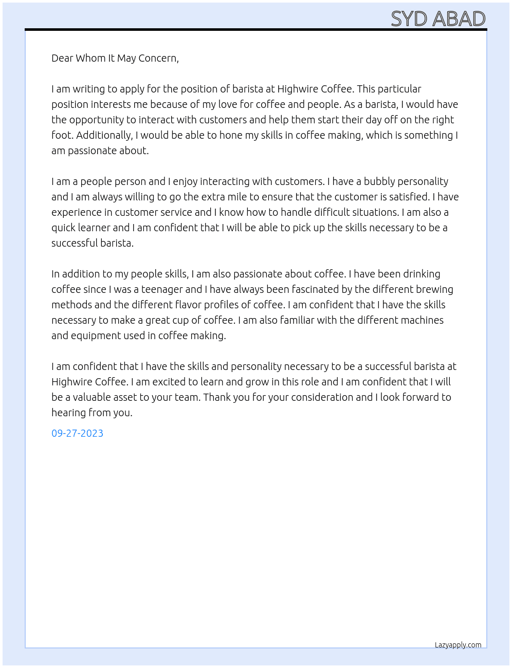 Barista At Highwire Coffee Cover Letter