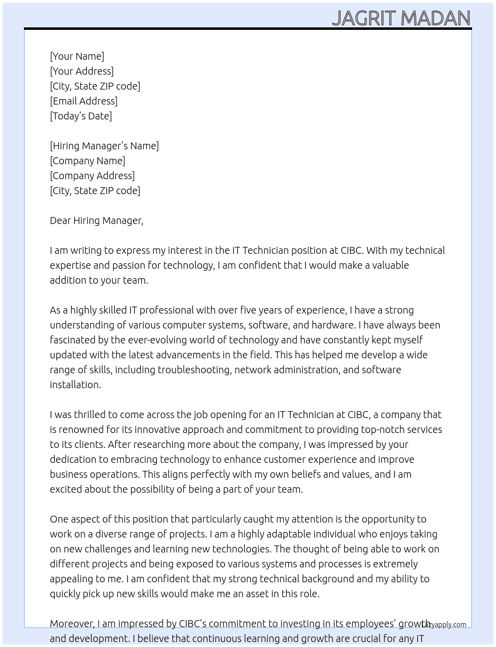 IT Technician At CIBC Cover Letter