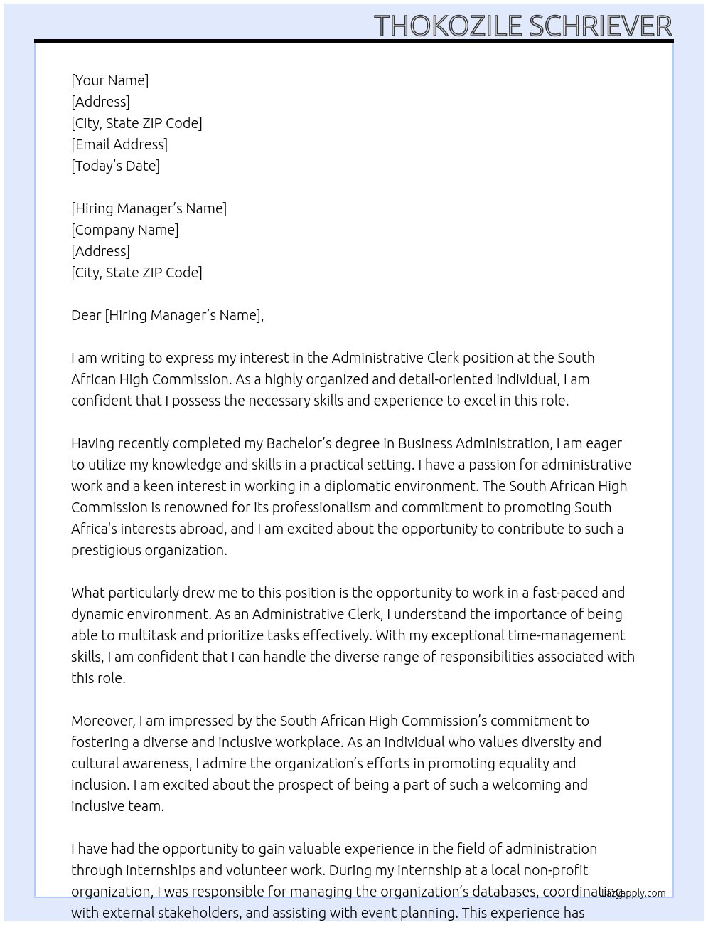Administrative Clerk  At South African High Commission  Cover Letter