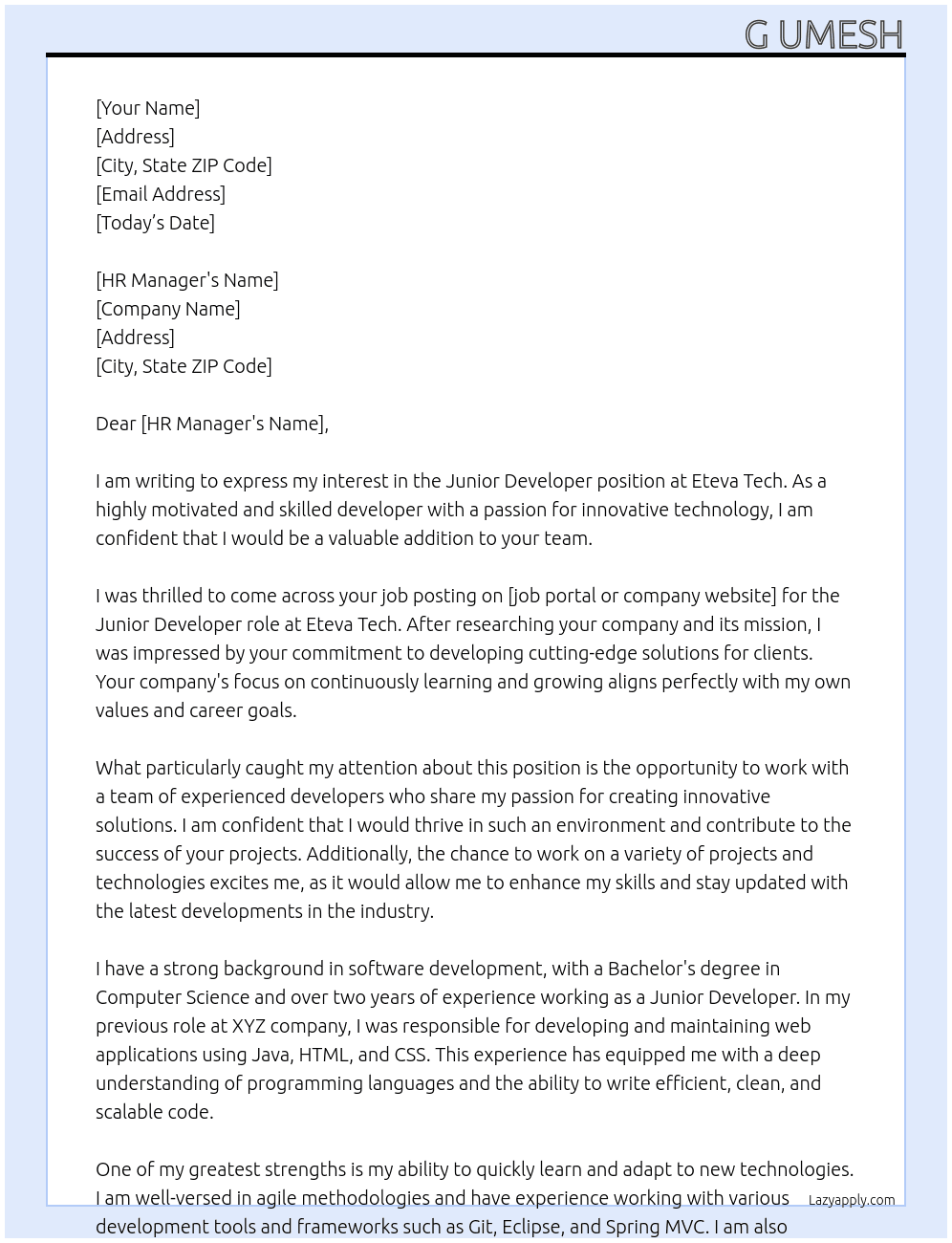 Junior Developer At eteva tech Cover Letter
