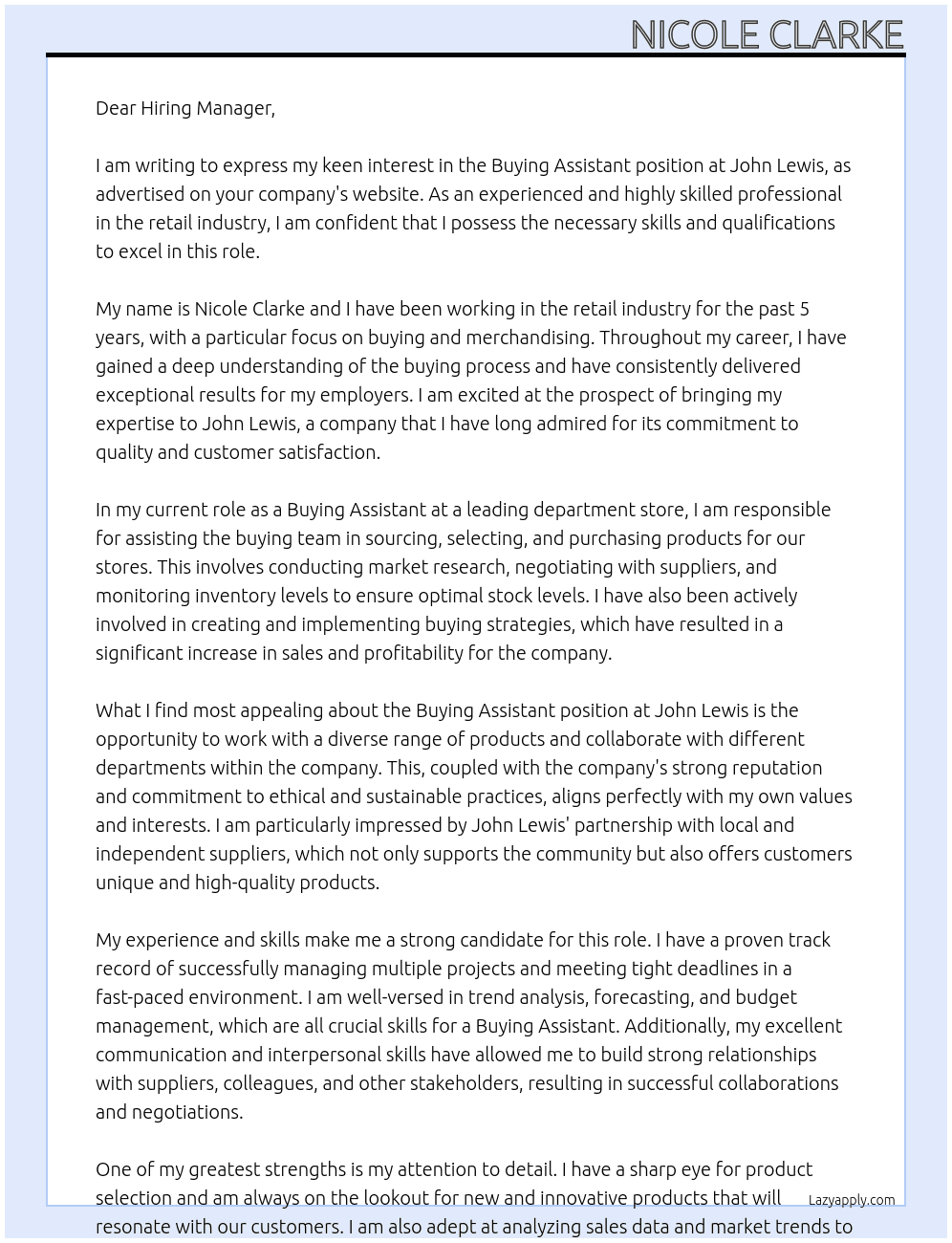 Buying Assistant  At John Lewis  Cover Letter