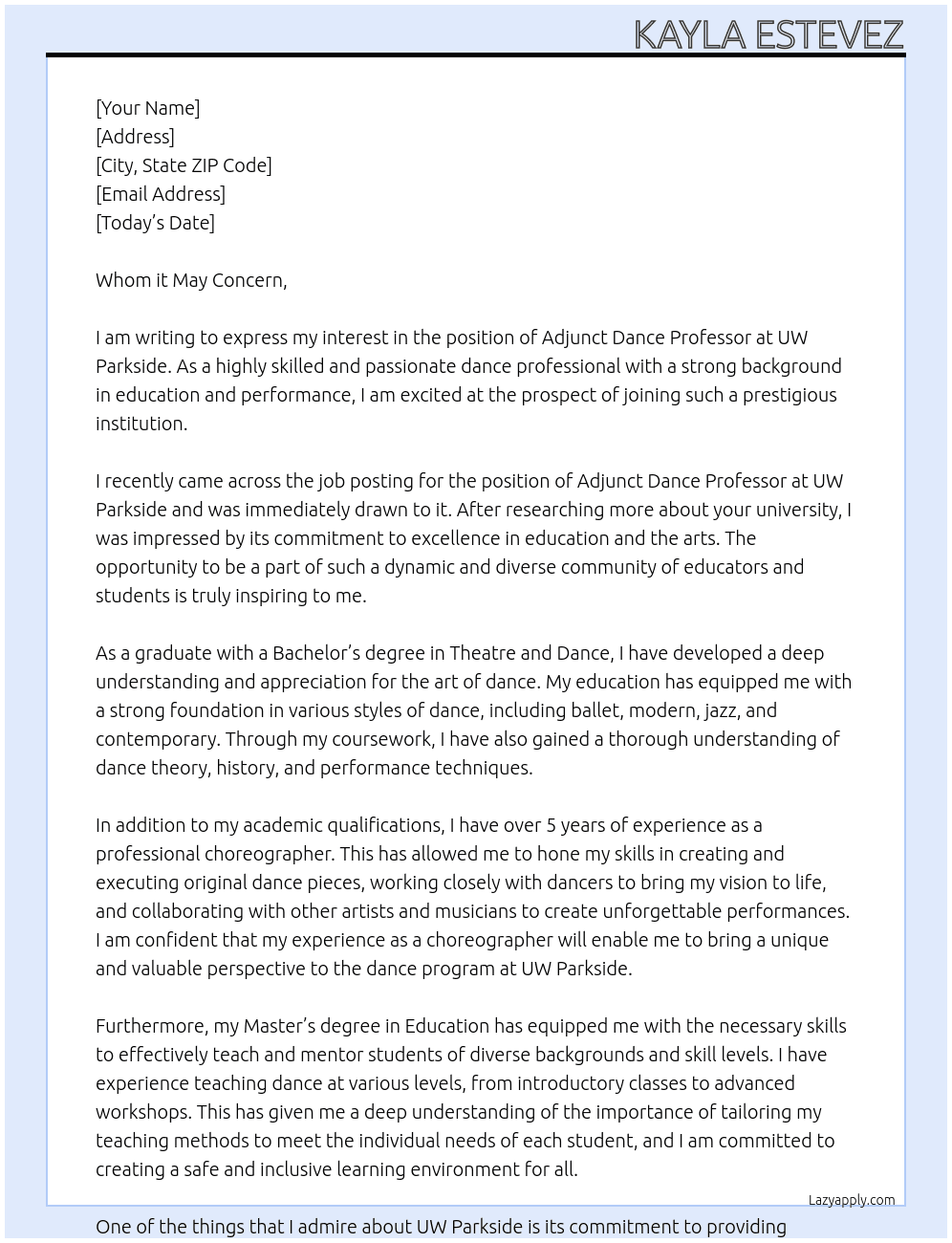 Adjunct Dance Professor At UW Parkside  Cover Letter