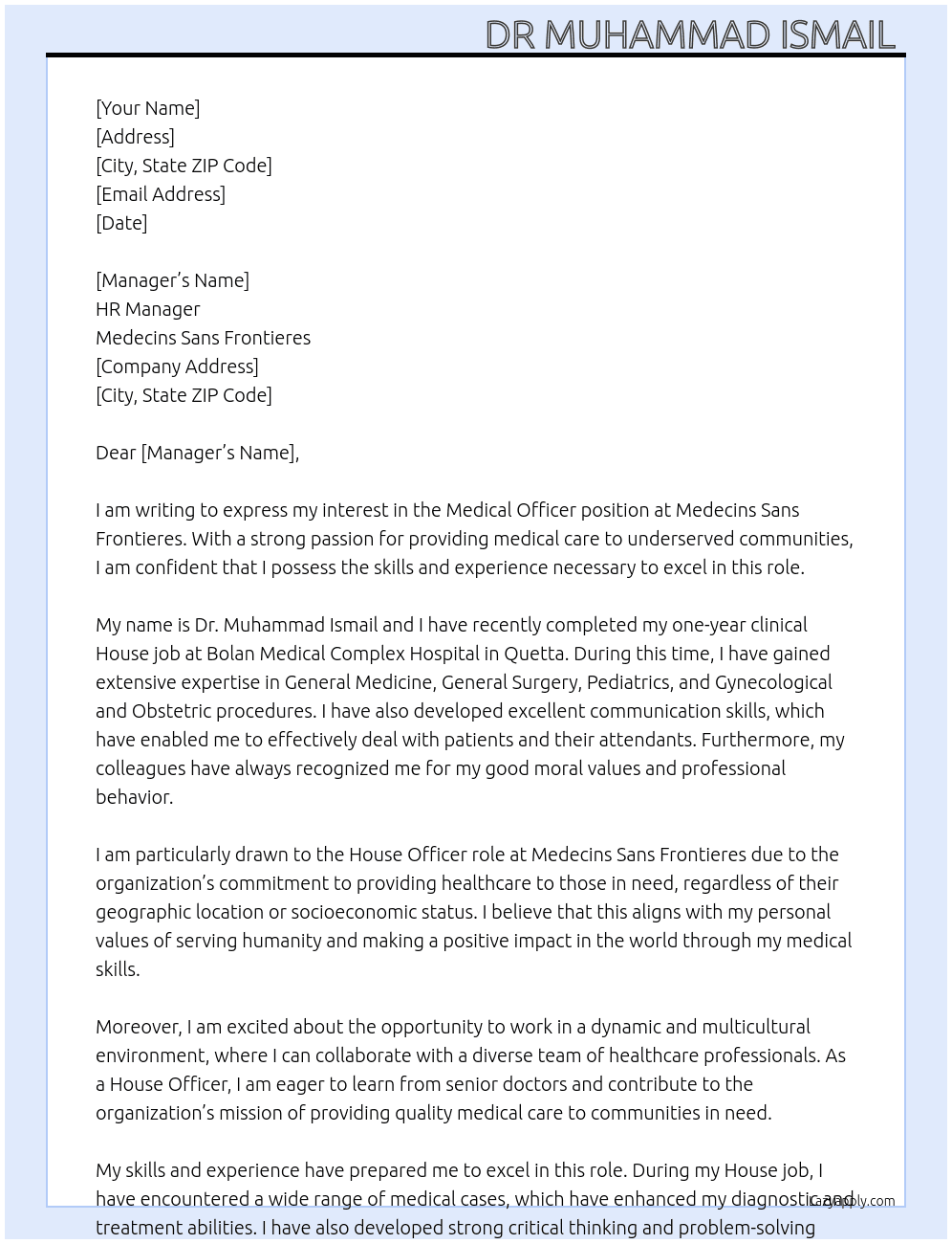 Medical Officer  At medecins sans frontieres Cover Letter