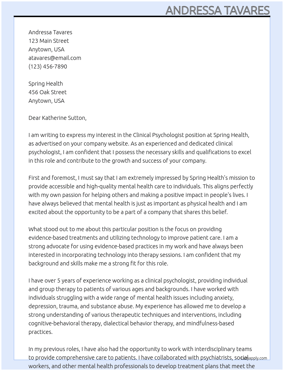 Clinical Psychologist At Spring Health Cover Letter