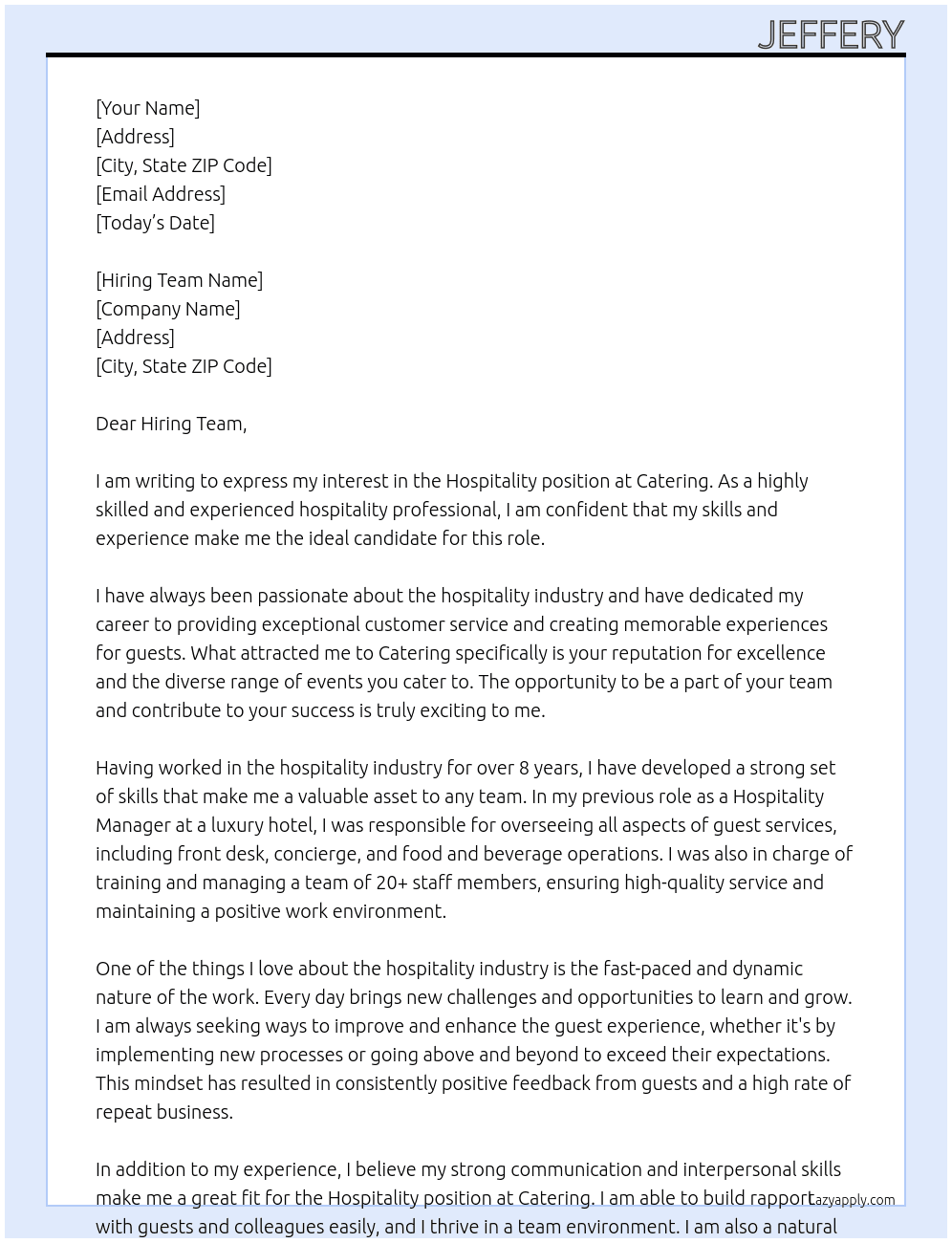 Hospitality At Catering  Cover Letter