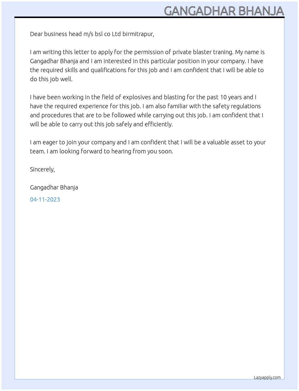 Application for the permission of private blaster traning  At Bsl Cover Letter