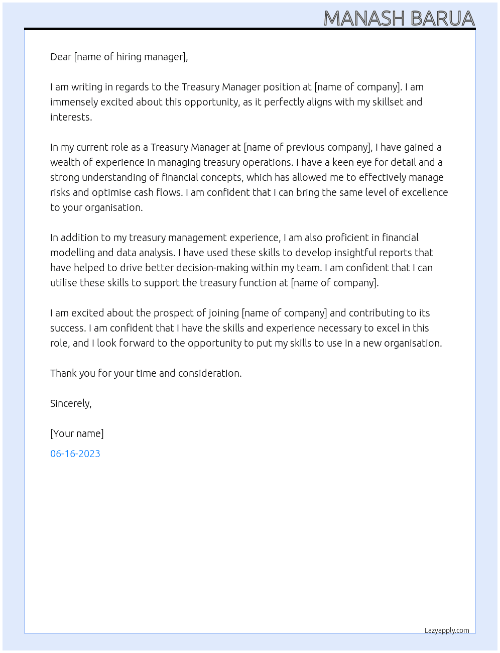 Treasury Manager At xxx Cover Letter
